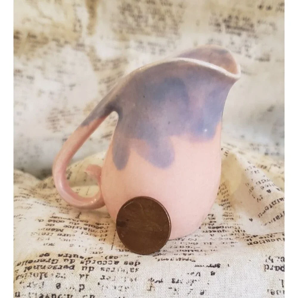 Artsy, Cottagecore Vintage Miniature Pink Pitcher w/ Bluish Purple Drip Pattern